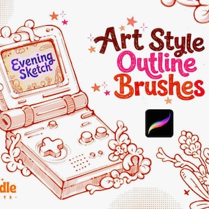 May include: A digital illustration of a handheld game console with a screen displaying the text Evening Sketch. The console is surrounded by decorative floral line art and small stars. The text Art Style Outline Brushes appears in red.