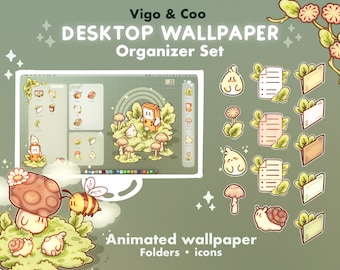 Vigo and Coo Desktop Theme Background Wallpaper Organizer Set | Lofi Animated Folder Icons Wallpaper Organizer | Kawaii Desktop Organizer