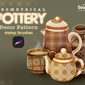 Pode incluir: Ilustração de designs de cerâmica, incluindo uma chaleira, uma caneca e um vaso, com um padrão geométrico. O texto diz "GEOMETRICAL POTTERY Decor Pattern stamp brushes". O ícone do aplicativo Procreate também é visível.