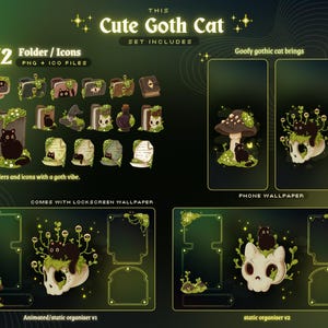 Ensemble organisateur de papier peint mignon thème chat gothique | Ensembles d'icônes de dossier de chat loufoque | Ensemble de papiers peints animés pour organiseur de bureau image 2