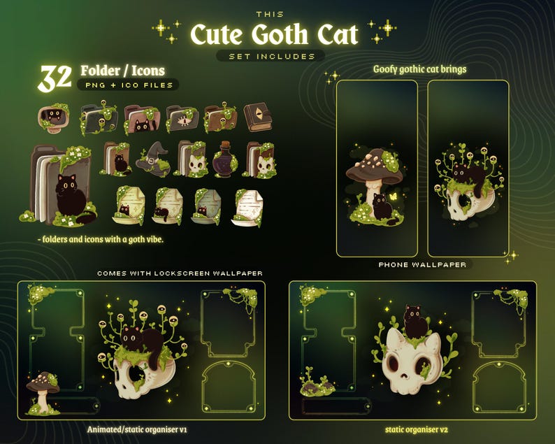 Ensemble organisateur de papier peint mignon thème chat gothique | Ensembles d'icônes de dossier de chat loufoque | Ensemble de papiers peints animés pour organiseur de bureau image 2