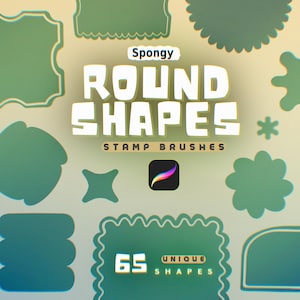 May include: An image showcasing a collection of 65 unique, spongy round shapes for stamp brushes. The text "Round Shapes Stamp Brushes" is displayed in bold white letters. The Procreate app logo is also visible.