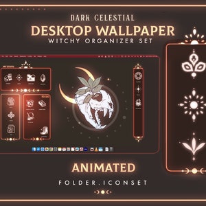 Pode incluir: Um papel de parede de desktop celestial escuro com um conjunto de organizador de bruxa. O papel de parede apresenta uma caveira com uma planta crescendo dela, uma lua crescente e estrelas. O conjunto de organizador inclui pastas e ícones com efeitos animados. O texto "DARK CELESTIAL DESKTOP WALLPAPER WITCHY ORGANIZER SET ANIMATED FOLDER ICON SET" é exibido na imagem.