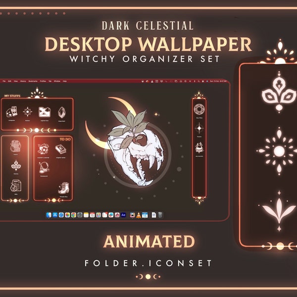 Celestial Neon Witchy Desktop Theme Background Wallpaper Organizer Set | Mystical Folder Icons Organizer Set | Halloween Desktop Organizer