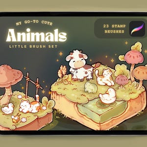 May include: A digital illustration of a set of 23 cute animal stamp brushes for Procreate. The image shows a cow, cat, duck, frog, and mushrooms in a whimsical forest setting. The text "My Go-To Cute Animals Little Brush Set" is at the top of the image.