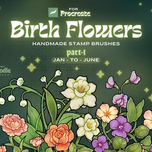 Puede incluir: Un gráfico digital con el texto FOR PROCREATE BIRTH FLOWERS HANDMADE STAMP BRUSHES part-1 JAN-TO-JUNE y THE DOODLE SWEETS. La imagen muestra una colección de flores ilustradas en tonos rosa, naranja, blanco y morado.