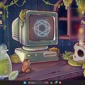 May include: A whimsical digital illustration of a desktop computer setup. The scene includes a vintage monitor displaying a geometric symbol, a frog figurine, and a skull. The desktop is adorned with themed icons and a stylized background.