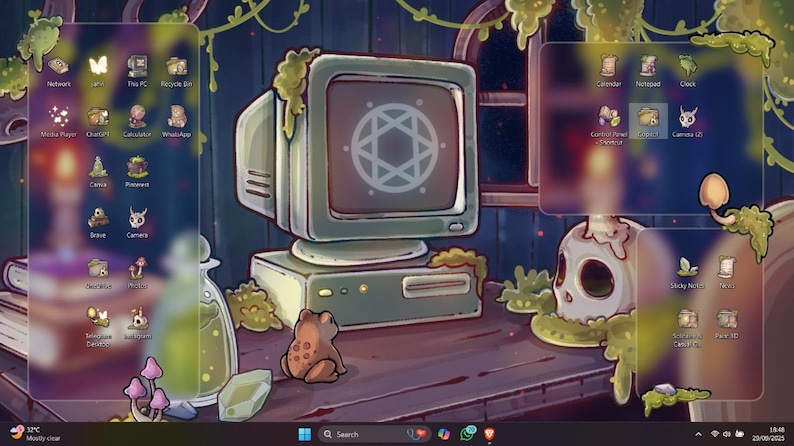 May include: A whimsical digital illustration of a desktop computer setup. The scene includes a vintage monitor displaying a geometric symbol, a frog figurine, and a skull. The desktop is adorned with themed icons and a stylized background.