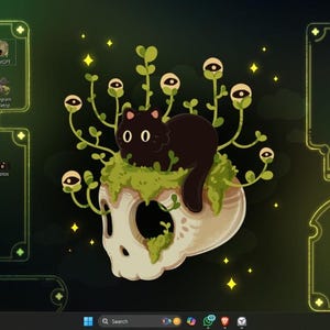 Peut inclure: Un fond d'&eacute;cran vert fonc&eacute; avec un chat noir sur un cr&acirc;ne, entour&eacute; de plantes. Le design a un th&egrave;me fantastique, avec un champignon et diverses ic&ocirc;nes d'applications. L'esth&eacute;tique g&eacute;n&eacute;rale est fantaisiste.