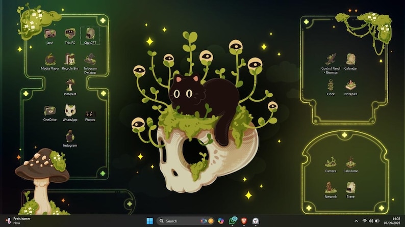 Peut inclure: Un fond d'&eacute;cran vert fonc&eacute; avec un chat noir sur un cr&acirc;ne, entour&eacute; de plantes. Le design a un th&egrave;me fantastique, avec un champignon et diverses ic&ocirc;nes d'applications. L'esth&eacute;tique g&eacute;n&eacute;rale est fantaisiste.