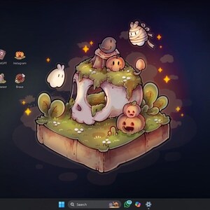 Pode incluir: Um papel de parede de desktop fantasioso com uma ilha em forma de caveira com ab&oacute;boras e musgo. O fundo &eacute; azul escuro com estrelas. V&aacute;rios &iacute;cones de aplicativos est&atilde;o dispostos na tela.