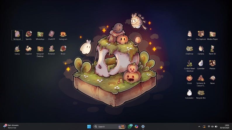 Pode incluir: Um papel de parede de desktop fantasioso com uma ilha em forma de caveira com ab&oacute;boras e musgo. O fundo &eacute; azul escuro com estrelas. V&aacute;rios &iacute;cones de aplicativos est&atilde;o dispostos na tela.