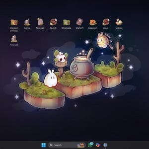 Pode incluir: Um fundo de tela de computador fantasioso com uma cena de desenho animado. Apresenta ilhas flutuantes com uma panela e personagens fofos. O fundo &eacute; azul escuro com estrelas e nuvens. Os &iacute;cones dos aplicativos s&atilde;o dispostos ao redor da cena.