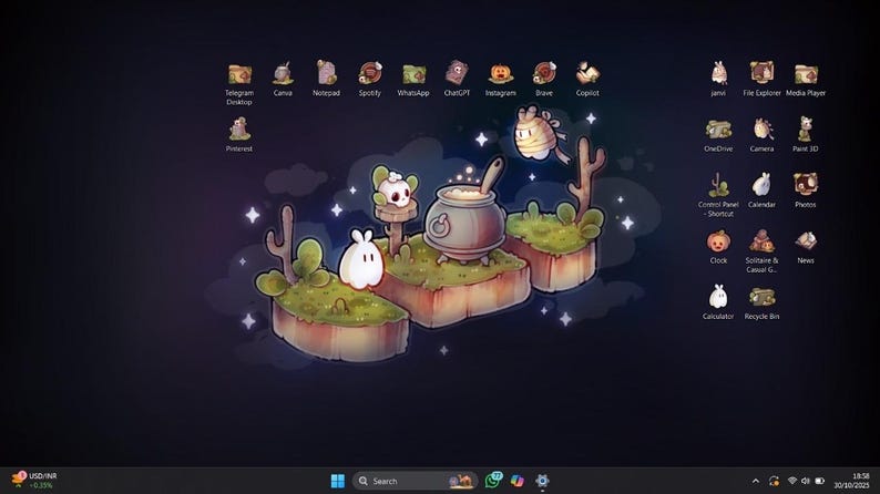 Pode incluir: Um fundo de tela de computador fantasioso com uma cena de desenho animado. Apresenta ilhas flutuantes com uma panela e personagens fofos. O fundo &eacute; azul escuro com estrelas e nuvens. Os &iacute;cones dos aplicativos s&atilde;o dispostos ao redor da cena.