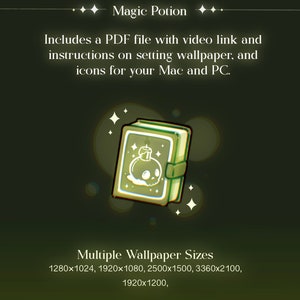 Pode incluir: Um produto digital intitulado Magic Potion com um &iacute;cone de livro verde claro com uma ilustra&ccedil;&atilde;o de caveira e vela. O texto inclui instru&ccedil;&otilde;es para pap&eacute;is de parede e &iacute;cones de Mac e PC, com resolu&ccedil;&otilde;es: 1280x1024, 1920x1080, 2500x1500, 3360x2100, 1920x1200.