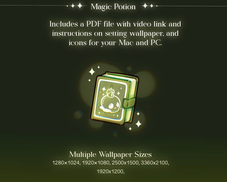 Pode incluir: Um produto digital intitulado Magic Potion com um &iacute;cone de livro verde claro com uma ilustra&ccedil;&atilde;o de caveira e vela. O texto inclui instru&ccedil;&otilde;es para pap&eacute;is de parede e &iacute;cones de Mac e PC, com resolu&ccedil;&otilde;es: 1280x1024, 1920x1080, 2500x1500, 3360x2100, 1920x1200.