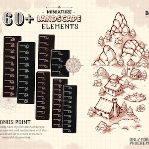May include: A digital brush set for Procreate titled 60+ Miniature Landscape Elements, featuring black panels with white icons of trees, buildings, and terrain, alongside a brown-toned illustration of a village with mountains and a compass.