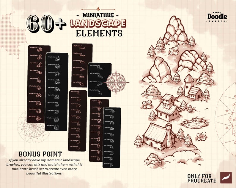 May include: A digital brush set for Procreate titled 60+ Miniature Landscape Elements, featuring black panels with white icons of trees, buildings, and terrain, alongside a brown-toned illustration of a village with mountains and a compass.