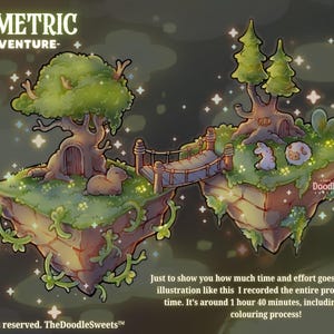 Pu&ograve; includere: Un'illustrazione intitolata Isometric Adventure che mostra due isole galleggianti collegate da un ponte di legno. Le isole presentano erba verde, alberi con tronchi cavi, piccoli animali e stelle scintillanti. Il testo include Isometric Adventure, Doodle e una nota sul processo.