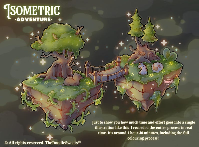 Pu&ograve; includere: Un'illustrazione intitolata Isometric Adventure che mostra due isole galleggianti collegate da un ponte di legno. Le isole presentano erba verde, alberi con tronchi cavi, piccoli animali e stelle scintillanti. Il testo include Isometric Adventure, Doodle e una nota sul processo.