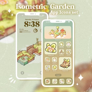 Isometric Garden App Icon Set |  Hand Drawn Pastel Floral App Icon widget set | Kawaii Isometric Aesthetic Themes for Android IOS Tablet