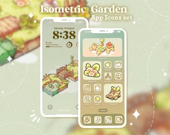 Isometric Garden App Icon Set |  Hand Drawn Pastel Floral App Icon widget set | Kawaii Isometric Aesthetic Themes for Android IOS Tablet