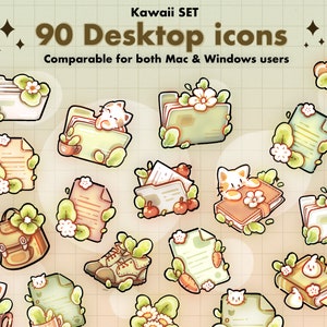 90 個のデスクトップ フォルダ オーガナイザー アイコン セット | かわいい文房具ファイル アイコン | Mac および PC 用のパステル テーマのデスクトップ フォルダ アイコン | 壁紙オーガナイザー セット
