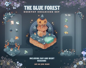 Blauw bos bureaubladachtergrond, wallpaper organizer set | Lofi tuin map iconen wallpaper organizer | Winter bureaublad organizer