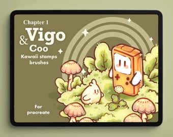 Vigo & Coo Kawaii Procreate Stamp Brushes | kawaii Procreate Brush  | Kawaii Cute Doodles Procreate Stamps | Botanical Floral Brushset