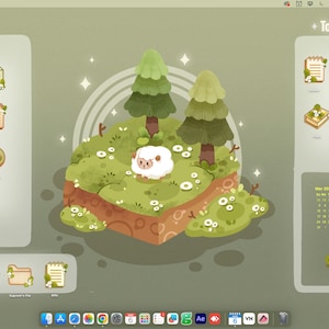 May include: A digital desktop interface featuring a sage green theme with a central isometric island illustration of a white sheep among pine trees and flowers. The layout includes organised sections for files, a to-do list, and a calendar widget.