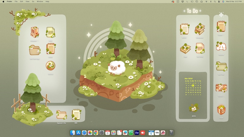 May include: A digital desktop interface featuring a sage green theme with a central isometric island illustration of a white sheep among pine trees and flowers. The layout includes organised sections for files, a to-do list, and a calendar widget.