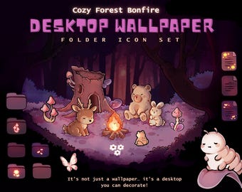 Sfondo per desktop Cozy Forest Bonfire / Set di icone per cartelle / TheDoodleSweets