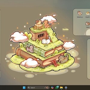 May include: A digital desktop wallpaper featuring a stack of green books topped with a grassy hill, a tree stump, and small cats. The scene includes fluffy white clouds, sparkling stars, and various cat-themed icons arranged in rounded rectangular panels.