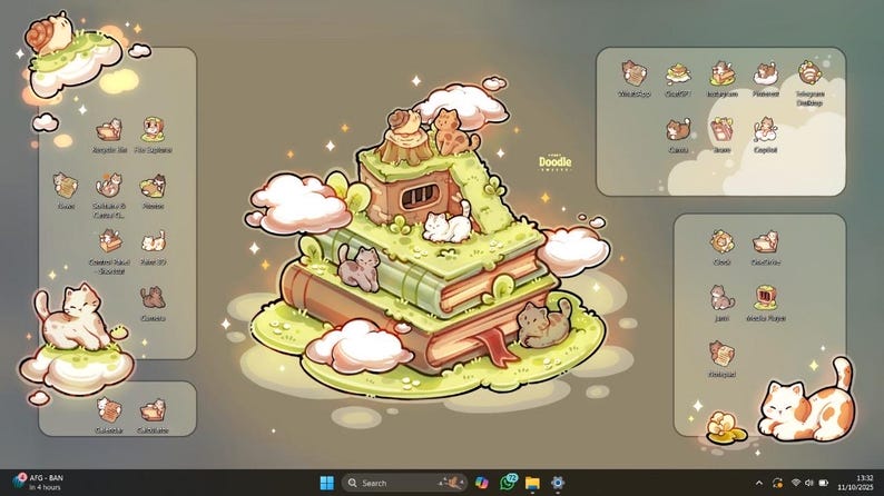 May include: A digital desktop wallpaper featuring a stack of green books topped with a grassy hill, a tree stump, and small cats. The scene includes fluffy white clouds, sparkling stars, and various cat-themed icons arranged in rounded rectangular panels.