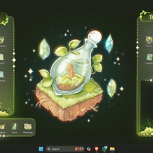 Pode incluir: Um tema de interface de desktop digital com fundo verde escuro e bordas verde-claras brilhantes. O layout inclui pain&eacute;is rotulados como MY STUFFS e TO DO, cercando uma ilustra&ccedil;&atilde;o central de uma garrafa de vidro com uma planta.