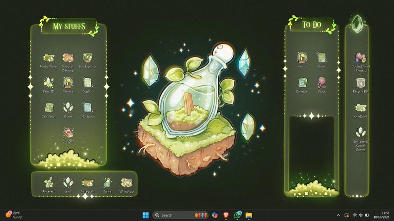 Pode incluir: Um tema de interface de desktop digital com fundo verde escuro e bordas verde-claras brilhantes. O layout inclui pain&eacute;is rotulados como MY STUFFS e TO DO, cercando uma ilustra&ccedil;&atilde;o central de uma garrafa de vidro com uma planta.