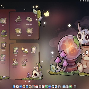 May include: A whimsical digital illustration featuring a desktop background with a mystical theme. It includes stylized icons, a skull with a candle, a crystal ball, and a creature with three eyes. The color palette is dominated by purples, greens, and browns.