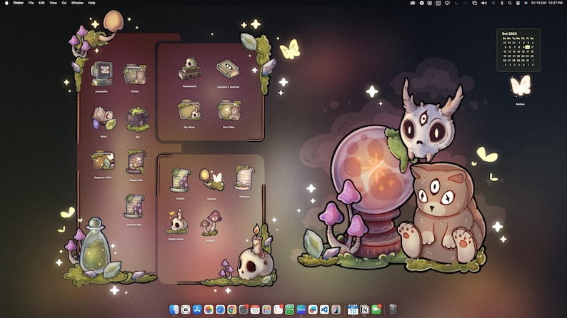 May include: A whimsical digital illustration featuring a desktop background with a mystical theme. It includes stylized icons, a skull with a candle, a crystal ball, and a creature with three eyes. The color palette is dominated by purples, greens, and browns.
