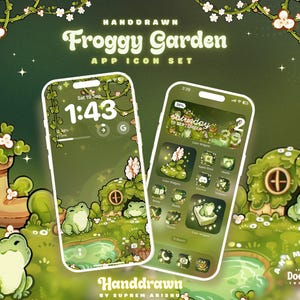 App-Icon-Set „Froggy Garden“ | Handgezeichnete, niedliche Frosch-App-Icons | Magische Garten-Ästhetik für Android, iOS, iPad und Desktop