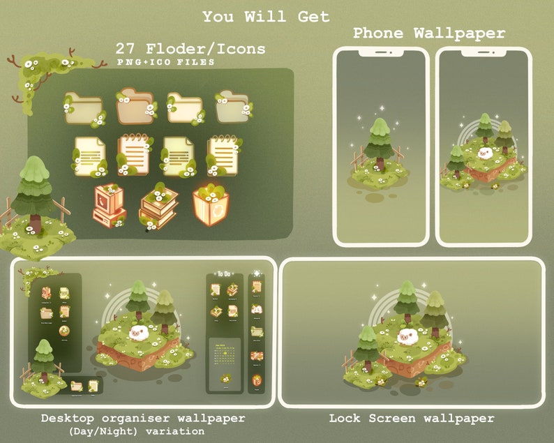 Magic Forest Desktop Theme Background Wallpaper Organizer Set | Lofi Garden Folder Icons Wallpaper Organizer | Kawai Desktop Organizer image 2