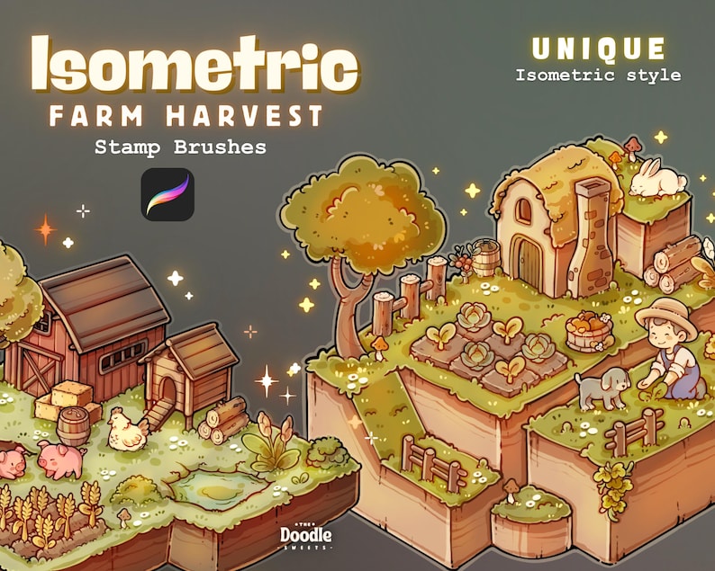 May include: Isometric Farm Harvest Stamp Brushes graphic. The image features a whimsical, isometric illustration of a farm scene with a barn, a house, and a farmer. The text "Isometric Farm Harvest Stamp Brushes" is displayed at the top. The illustration is in a unique isometric style.