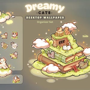 Dreamy Cats Desktop Theme Background Wallpaper Organizer Set | Lofi Garden Folder Icons Wallpaper Organizer | Kawai Desktop Organizer