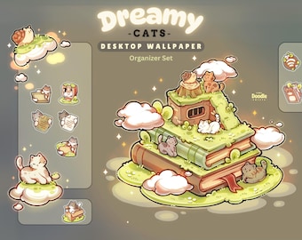 Ensemble organisateur de papier peint pour bureau Dreamy Cats | Organiseur de papier peint Lofi Garden Folder Icons | Organiseur de bureau Kawai