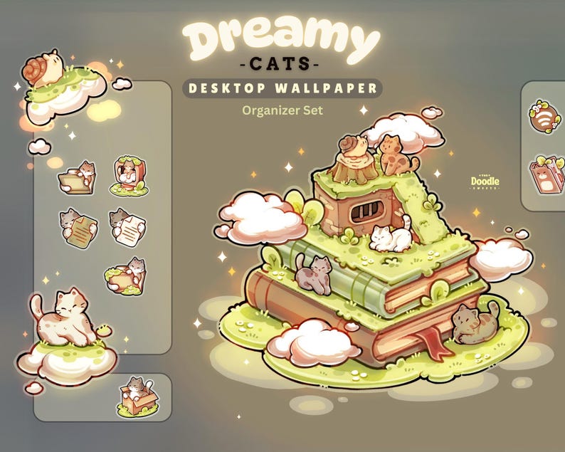 May include: A digital illustration titled Dreamy-Cats Desktop Wallpaper Organizer Set featuring a stack of books topped with a grassy hill, a small structure, and several cats. The image includes various cat icons, clouds, and sparkles in soft green and brown tones.