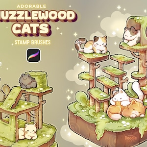 Op de afbeelding: Illustratie van schattige cartoonkatten in een grillige bosrijke omgeving. De afbeelding toont verschillende katten in verschillende kleuren, rustend op platforms en in een boomhut. Tekst luidt "Adorable Nuzzlewood Cats Stamp Brushes."