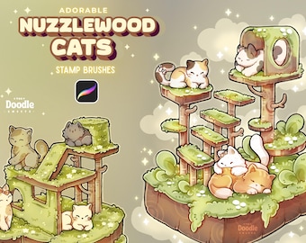 Nuzzelwood Cats Procreate Stamp Brushes | Cozy Isometric Cat House Procreate Brush | Kawaii Book Garden Stamp Brush for Procreate