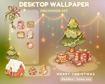 メリークリスマスデスクトップテーマ背景壁紙オーガナイザーセット | ローファイガーデンフォルダアイコン壁紙オーガナイザー | カワイイデスクトップオーガナイザー