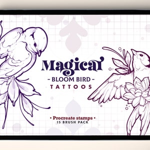 15 Magical Bloom Bird Tattoos Design Procreate Stamp Brushes | Mystic Procreate Stamp | Magic Celestial Procreate tattoo Brushes