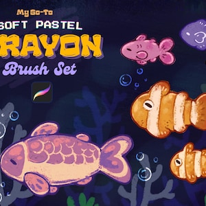 May include: A digital art brush set titled My Go-To SOFT PASTEL CRAYON Brush Set, featuring a Procreate icon and illustrations of four fish in purple, pink, and orange hues against a dark blue underwater background with coral and bubbles.