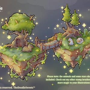 Pu&ograve; includere: Un'illustrazione digitale di due isole galleggianti collegate da un ponte di corda in legno. Le isole presentano erba verde, alberi con piccole porte e viti. Il testo recita: The Doodle Sweets, Doodle, e Please note: the animals and some stars shown are not included. Check out my other stamp brushes to add even more magic to your illustrations! &copy; All rights reserved. TheDoodleSweets&trade;